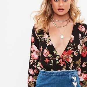 Black floral plunge neck bodysuit